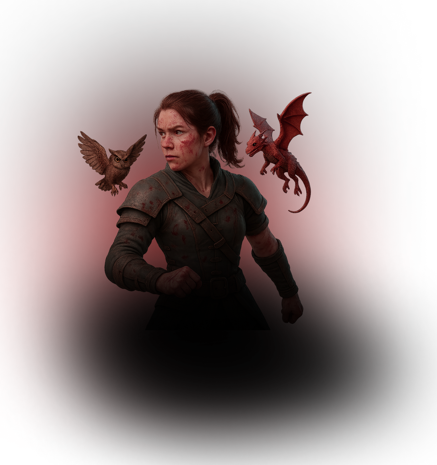 Female warrior with owl companion and dragon